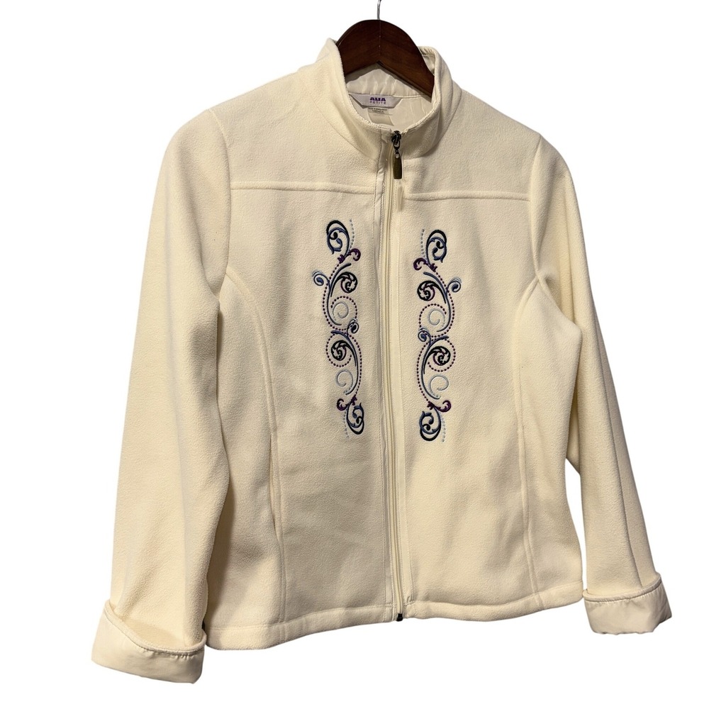 Alia Petite Cream Fleece Full Zip Jacket Embroidered Scroll Mock Neck PS P